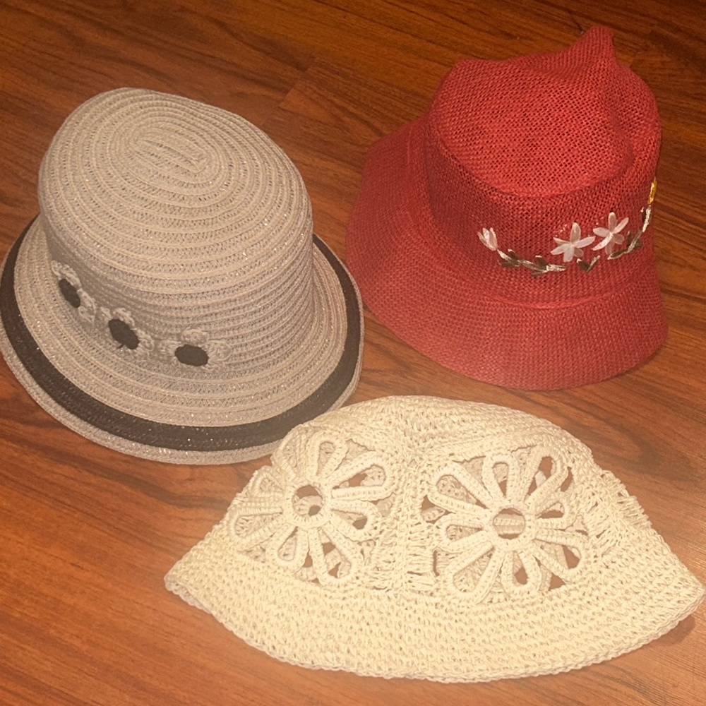 BOHO BUCKET Hat Lot of 3 Crocheted Floral Cutout, Straw Sunflowers, Embroidered